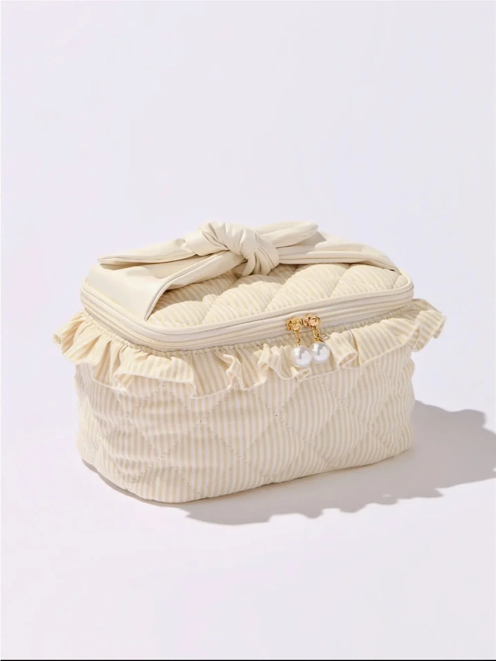 Cream Quilted Cosmetic Bag with Bow & Pearl Zipper large